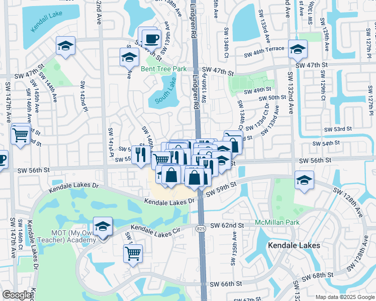 map of restaurants, bars, coffee shops, grocery stores, and more near 5402 Southwest 138th Avenue in Miami