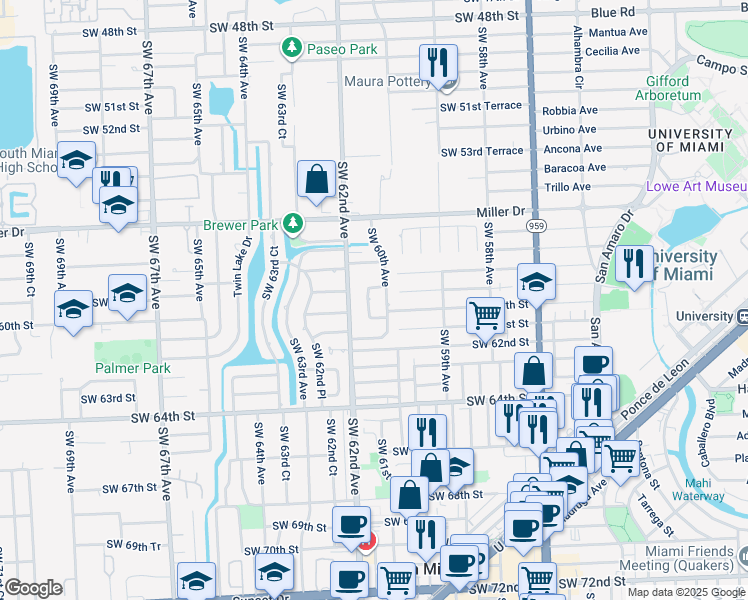 map of restaurants, bars, coffee shops, grocery stores, and more near 5917 Southwest 61st Avenue in Miami
