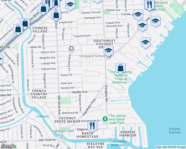 map of restaurants, bars, coffee shops, grocery stores, and more near 3853 Little Avenue in Miami