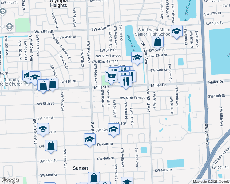 map of restaurants, bars, coffee shops, grocery stores, and more near 9420 Southwest 56th Street in Miami