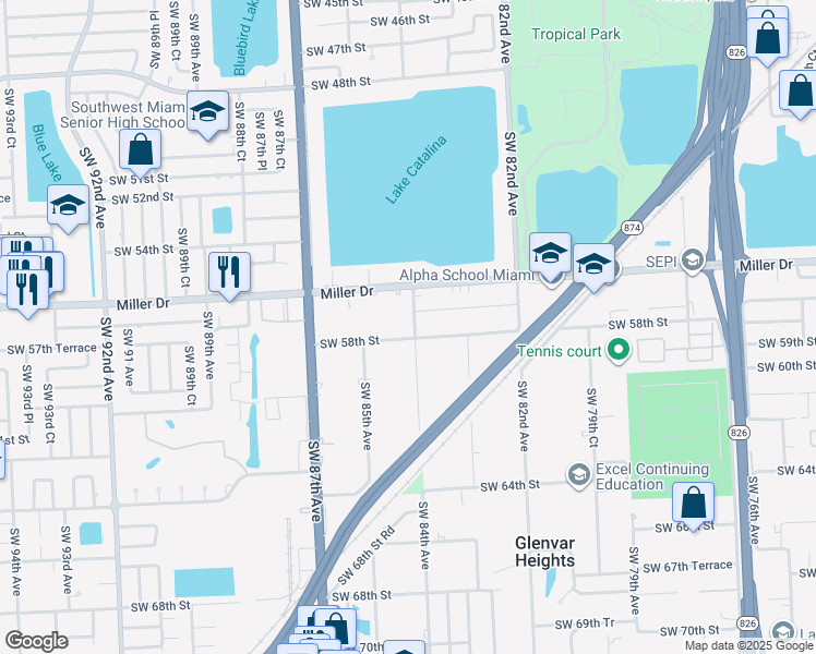 map of restaurants, bars, coffee shops, grocery stores, and more near 8401 Southwest 58th Street in Miami