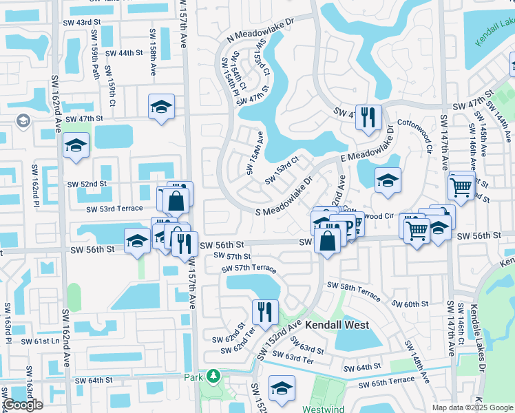 map of restaurants, bars, coffee shops, grocery stores, and more near 5182 Southwest 154th Place in Miami
