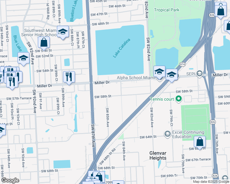 map of restaurants, bars, coffee shops, grocery stores, and more near 8401 Southwest 58th Street in Miami