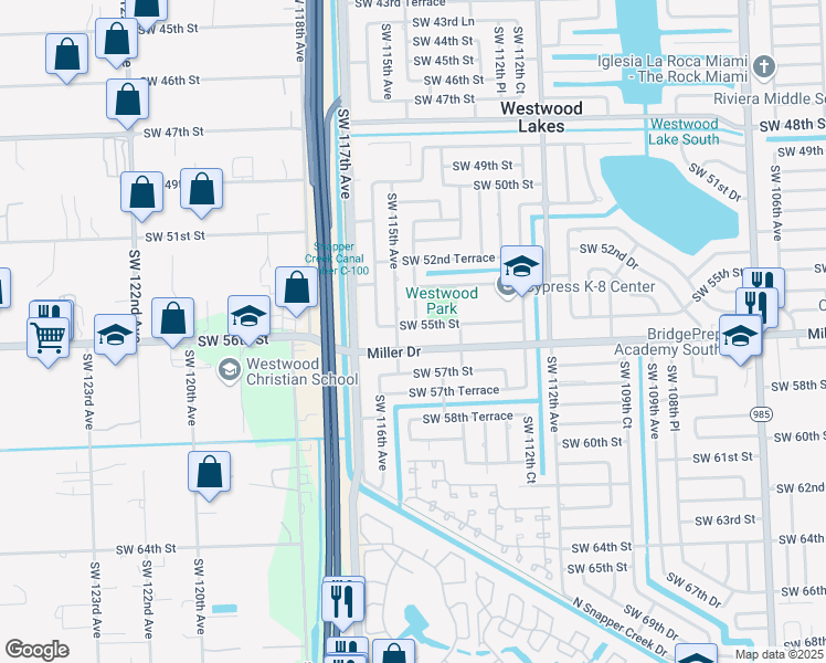 map of restaurants, bars, coffee shops, grocery stores, and more near 5440 Southwest 114th Court in Miami
