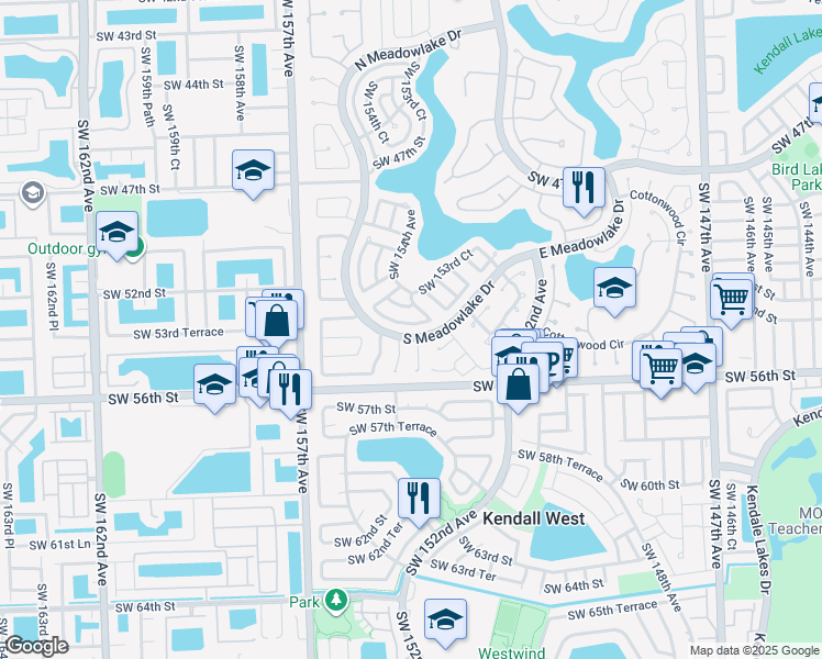map of restaurants, bars, coffee shops, grocery stores, and more near 5182 Southwest 154th Place in Miami