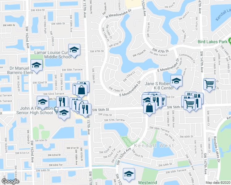 map of restaurants, bars, coffee shops, grocery stores, and more near 5182 Southwest 154th Place in Miami