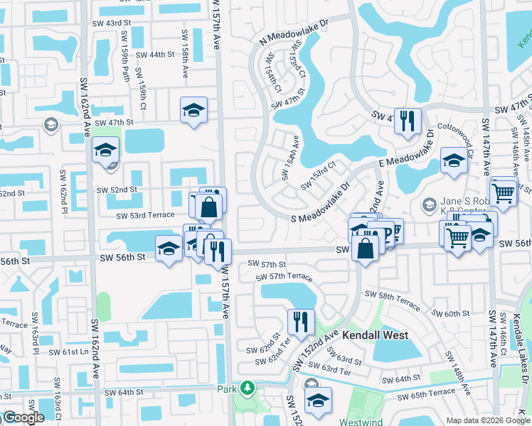 map of restaurants, bars, coffee shops, grocery stores, and more near 15540 Southwest 54th Street in Miami