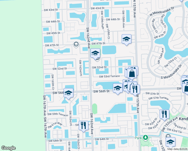 map of restaurants, bars, coffee shops, grocery stores, and more near 16025 Southwest 53rd Terrace in Miami