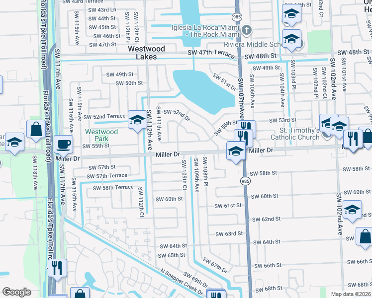 map of restaurants, bars, coffee shops, grocery stores, and more near 10930 Southwest 55th Street in Miami