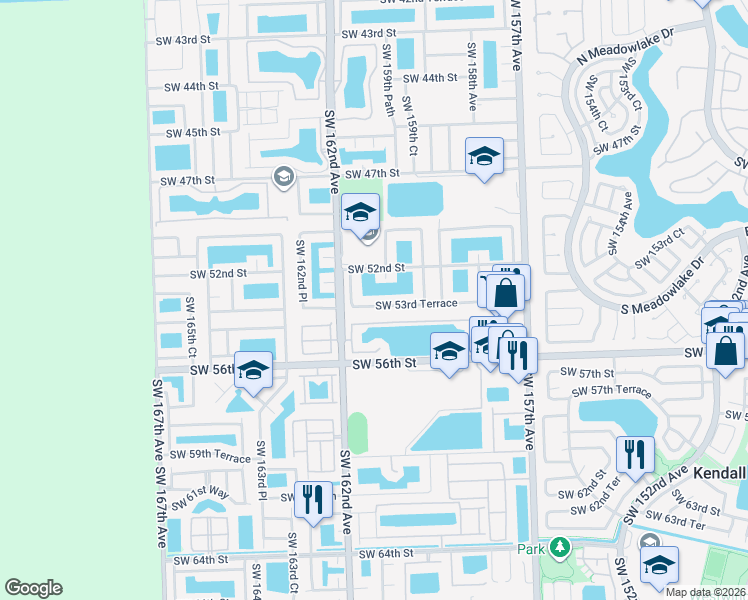 map of restaurants, bars, coffee shops, grocery stores, and more near 16025 Southwest 53rd Terrace in Miami