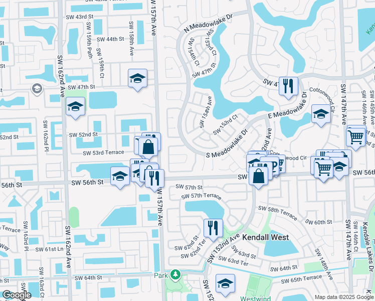 map of restaurants, bars, coffee shops, grocery stores, and more near 15540 Southwest 54th Street in Miami