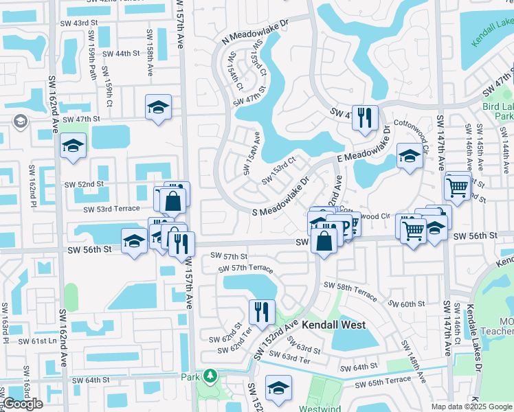 map of restaurants, bars, coffee shops, grocery stores, and more near 5182 Southwest 154th Place in Miami