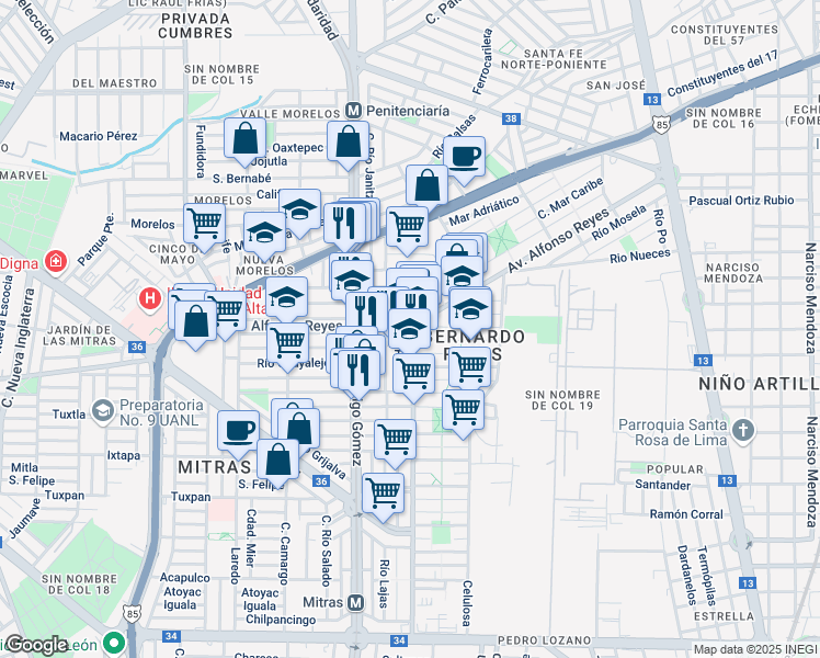 map of restaurants, bars, coffee shops, grocery stores, and more near 2202 Avenida Alfonso Reyes in Monterrey