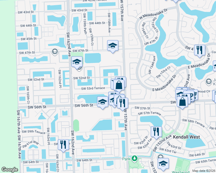 map of restaurants, bars, coffee shops, grocery stores, and more near 5300 Southwest 158th Avenue in Miami