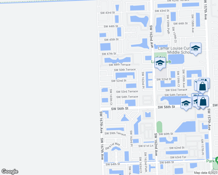 map of restaurants, bars, coffee shops, grocery stores, and more near 5284 Southwest 165th Court in Miami
