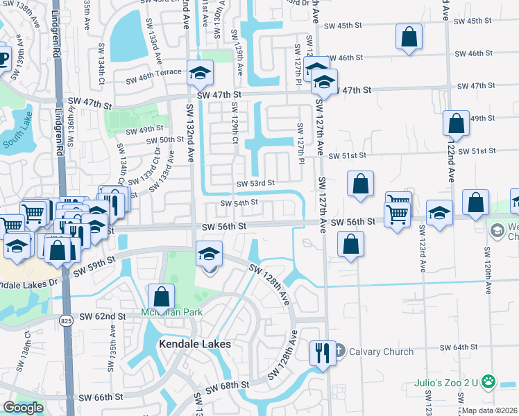 map of restaurants, bars, coffee shops, grocery stores, and more near 5400 Southwest 128th Court in Miami