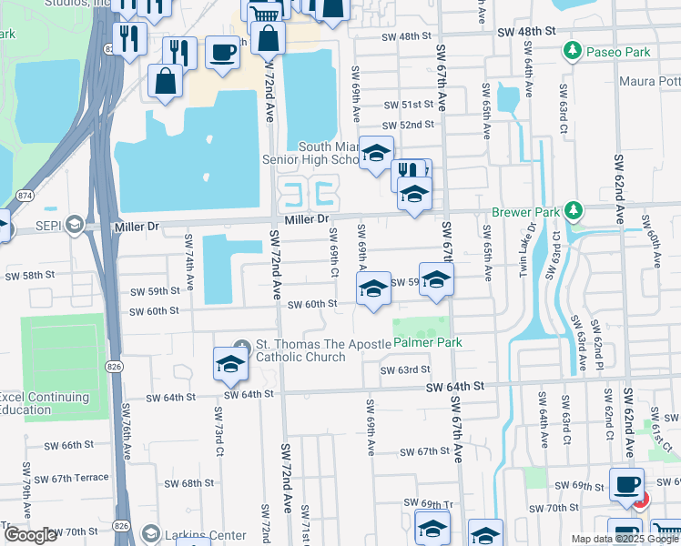map of restaurants, bars, coffee shops, grocery stores, and more near 5807 Southwest 69th Court in Miami