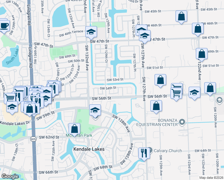 map of restaurants, bars, coffee shops, grocery stores, and more near 5400 Southwest 128th Court in Miami