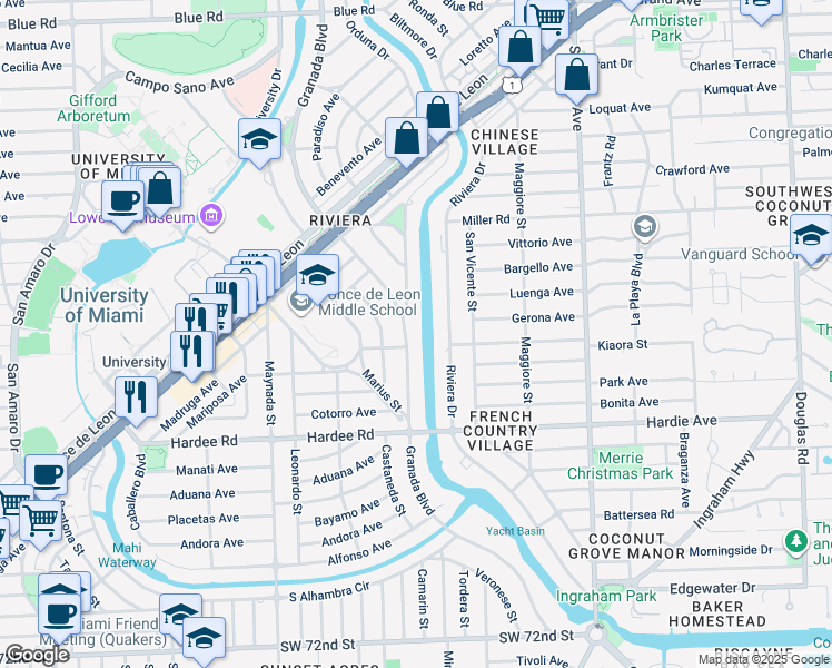 map of restaurants, bars, coffee shops, grocery stores, and more near 5721 Granada Boulevard in Coral Gables