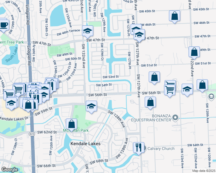 map of restaurants, bars, coffee shops, grocery stores, and more near 5400 Southwest 128th Court in Miami