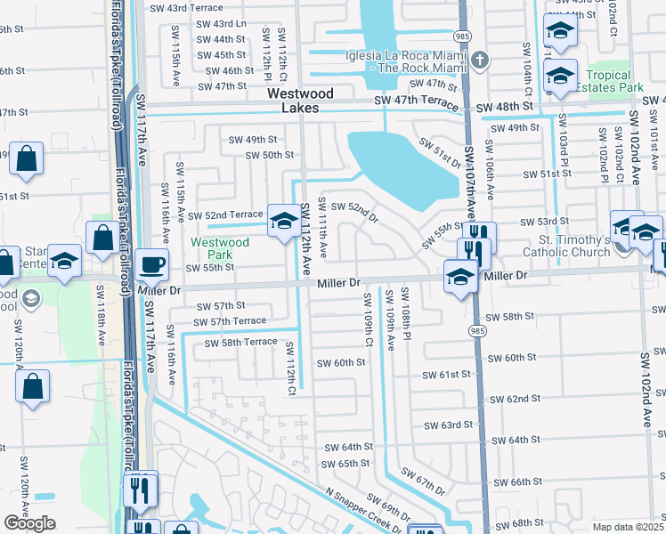 map of restaurants, bars, coffee shops, grocery stores, and more near 11050 Southwest 55th Street in Miami