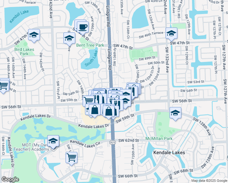 map of restaurants, bars, coffee shops, grocery stores, and more near 5550 Southwest 136th Court in Miami
