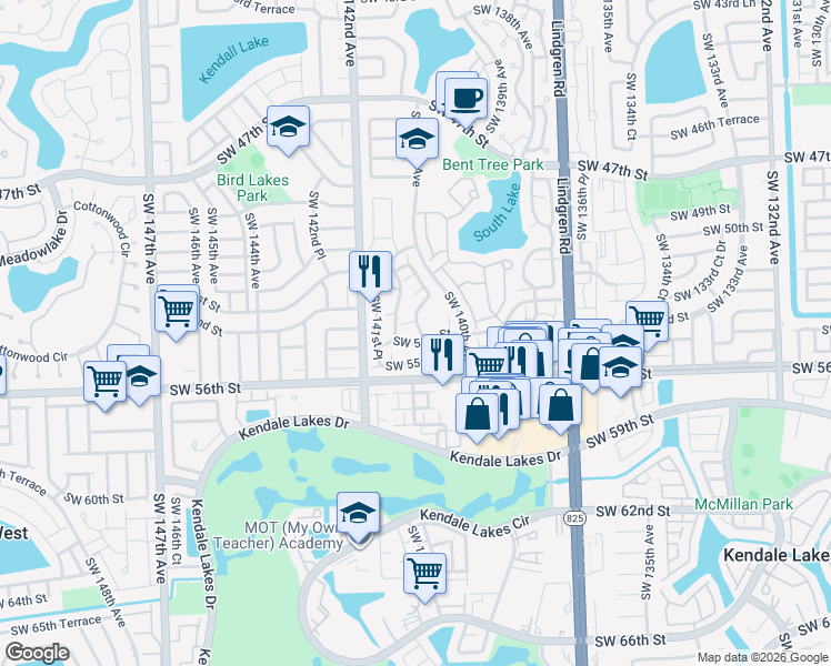 map of restaurants, bars, coffee shops, grocery stores, and more near 5314 Southwest 140th Place in Miami