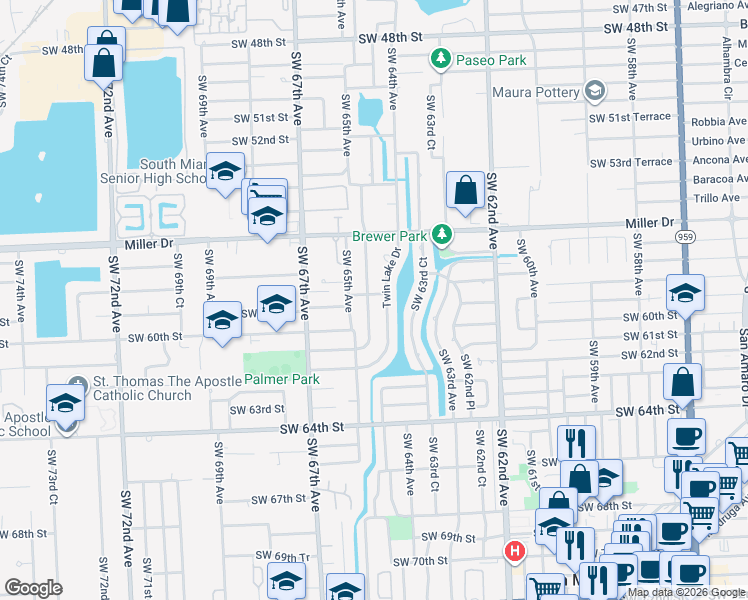 map of restaurants, bars, coffee shops, grocery stores, and more near 5857 Southwest 64th Place in South Miami