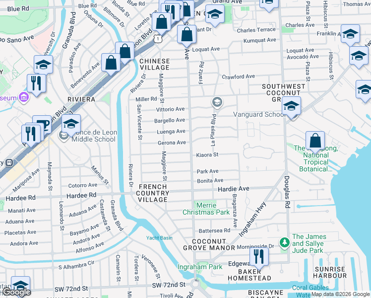 map of restaurants, bars, coffee shops, grocery stores, and more near 418 Gerona Avenue in Coral Gables