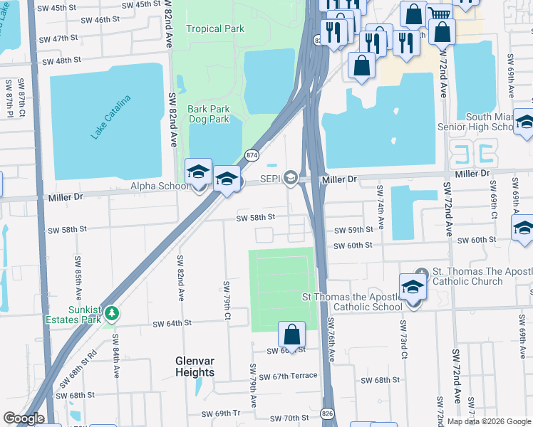 map of restaurants, bars, coffee shops, grocery stores, and more near 7887 Southwest 58th Street in Miami