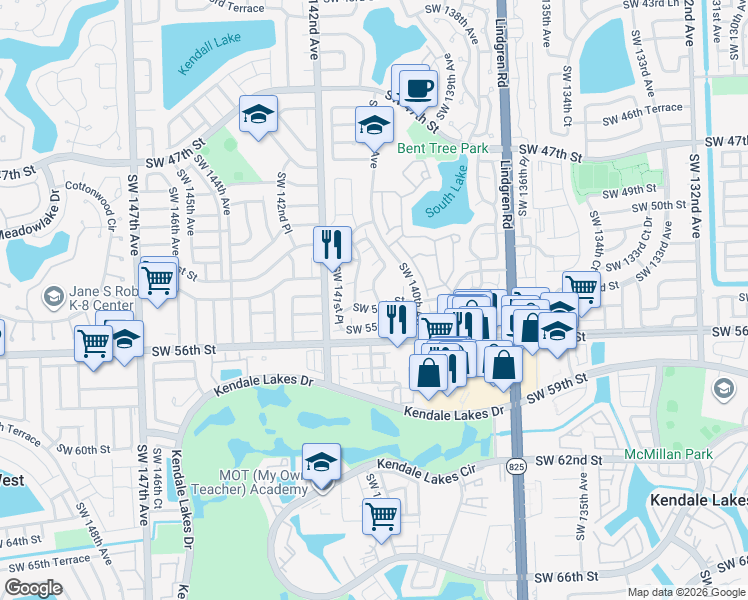 map of restaurants, bars, coffee shops, grocery stores, and more near 5314 Southwest 140th Place in Miami