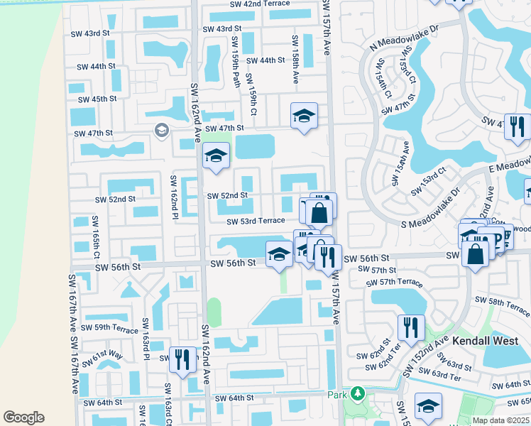 map of restaurants, bars, coffee shops, grocery stores, and more near 5302 Southwest 159th Avenue in Miami