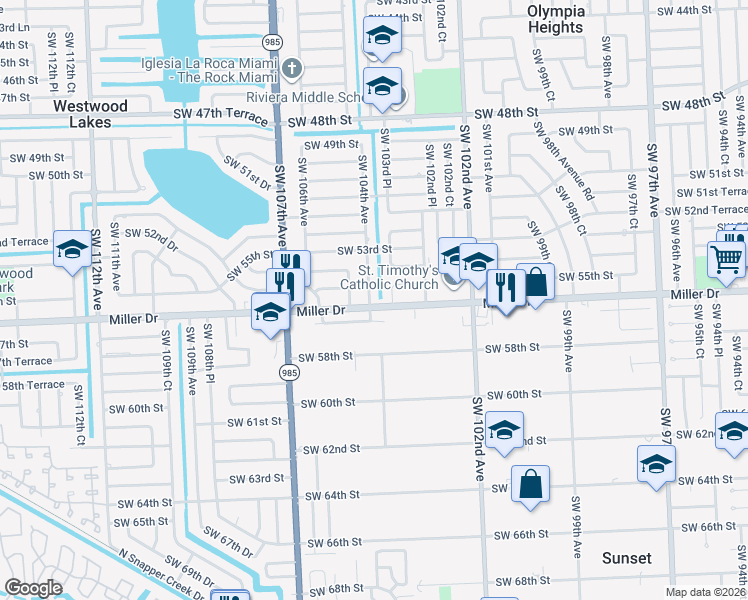 map of restaurants, bars, coffee shops, grocery stores, and more near 5520 Southwest 103rd Place in Miami