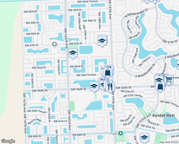 map of restaurants, bars, coffee shops, grocery stores, and more near 5302 Southwest 159th Avenue in Miami