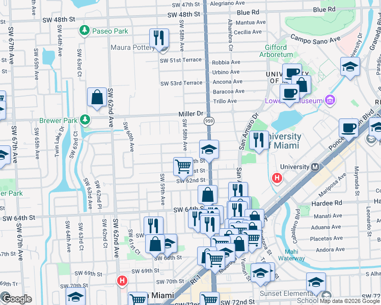 map of restaurants, bars, coffee shops, grocery stores, and more near 5786 Southwest 59th Street in Miami