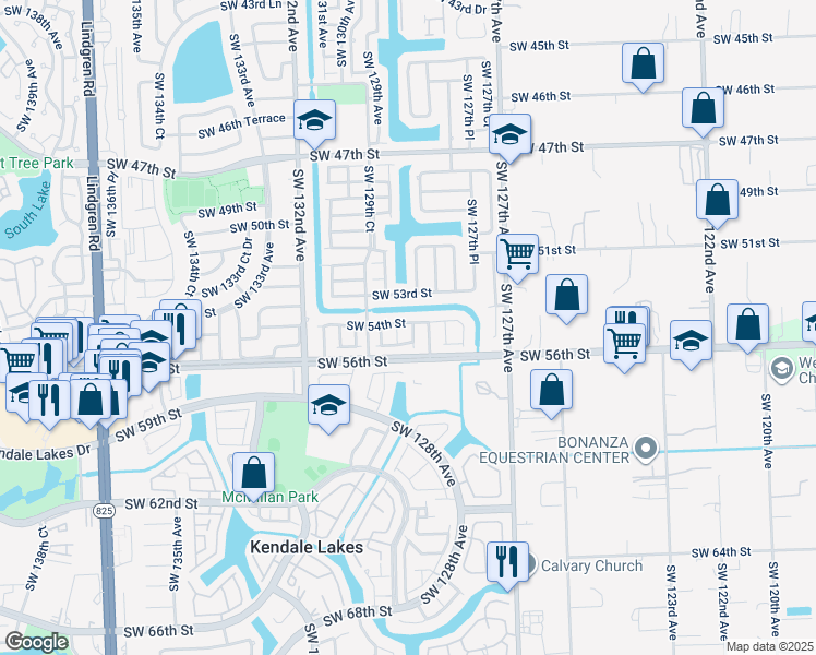 map of restaurants, bars, coffee shops, grocery stores, and more near 5400 Southwest 128th Court in Miami