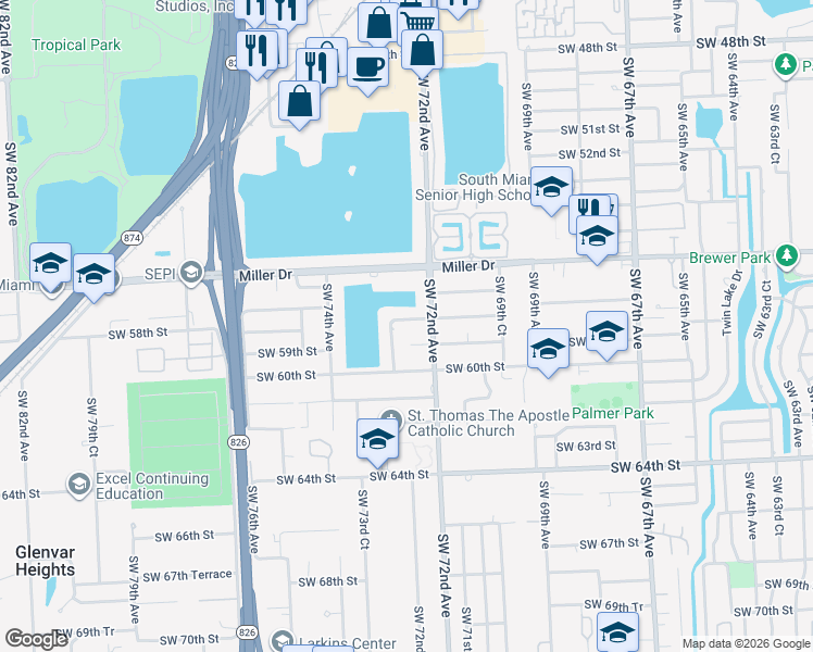 map of restaurants, bars, coffee shops, grocery stores, and more near 7240 Southwest 58th Street in Miami