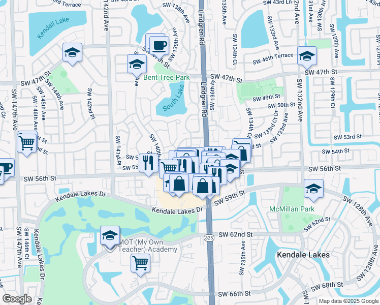 map of restaurants, bars, coffee shops, grocery stores, and more near 5402 Southwest 138th Avenue in Miami