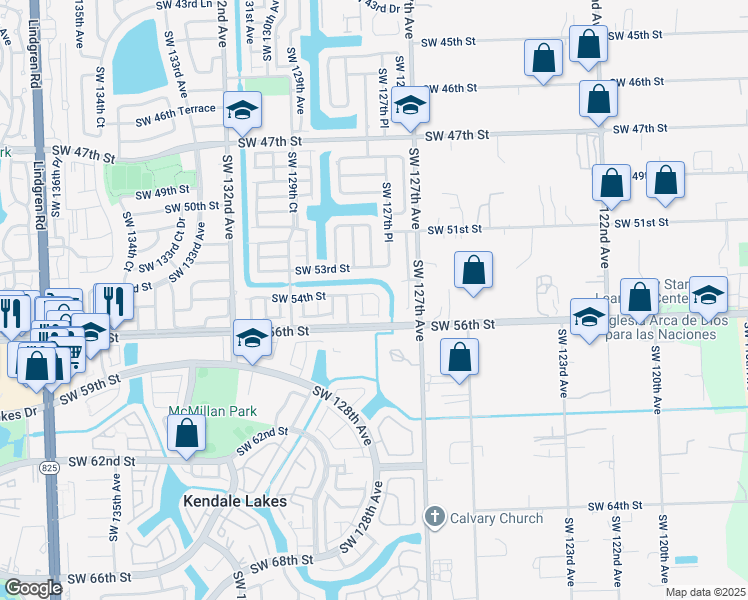 map of restaurants, bars, coffee shops, grocery stores, and more near 5400 Southwest 127th Way in Miami