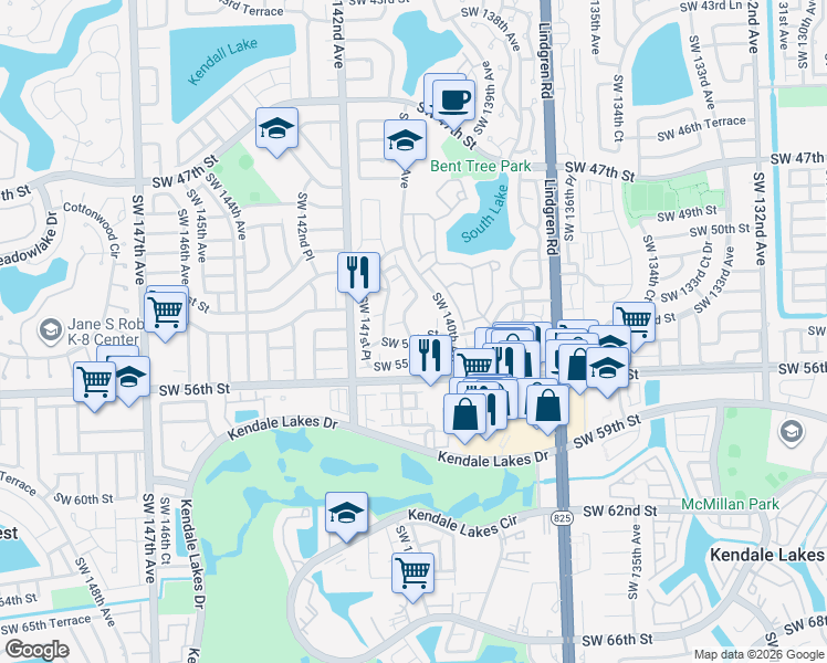 map of restaurants, bars, coffee shops, grocery stores, and more near 5314 Southwest 140th Place in Miami