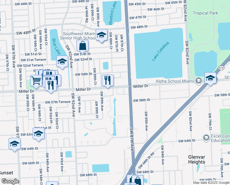 map of restaurants, bars, coffee shops, grocery stores, and more near 5651 Southwest 88th Avenue in Miami
