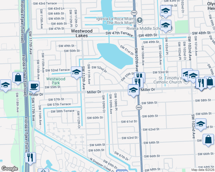 map of restaurants, bars, coffee shops, grocery stores, and more near 10930 Southwest 55th Street in Miami