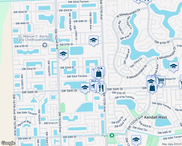 map of restaurants, bars, coffee shops, grocery stores, and more near 5300 Southwest 158th Avenue in Miami