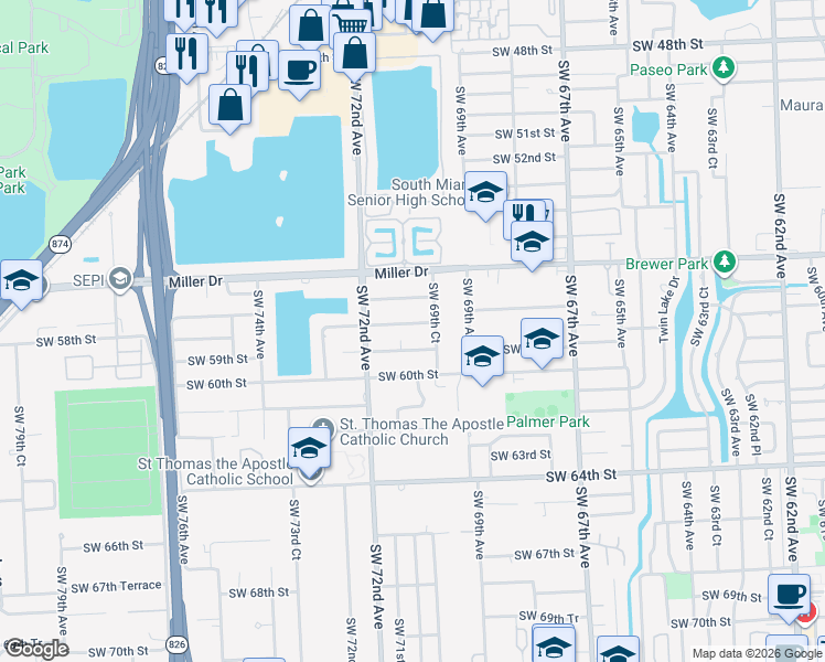 map of restaurants, bars, coffee shops, grocery stores, and more near 7000 SW 58th St in Miami