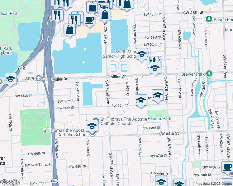 map of restaurants, bars, coffee shops, grocery stores, and more near 7000 Southwest 58th Street in Miami