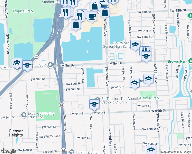map of restaurants, bars, coffee shops, grocery stores, and more near 7240 Southwest 58th Street in Miami