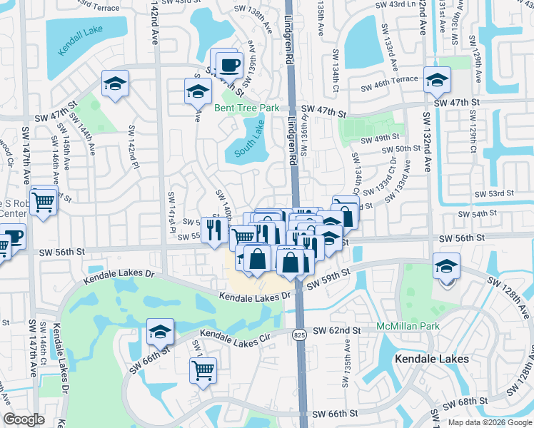 map of restaurants, bars, coffee shops, grocery stores, and more near 5402 Southwest 138th Avenue in Miami