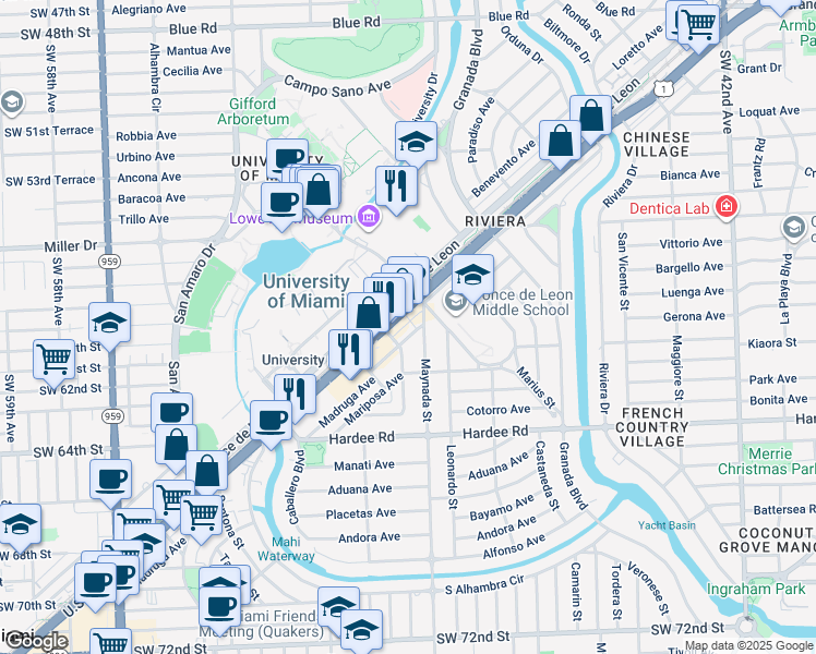 map of restaurants, bars, coffee shops, grocery stores, and more near 1121 Madruga Avenue in Coral Gables