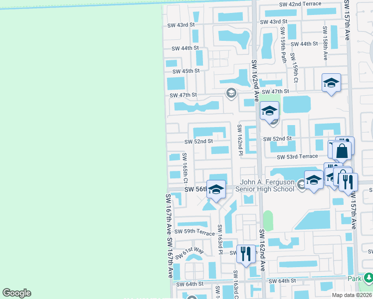 map of restaurants, bars, coffee shops, grocery stores, and more near 16511 Southwest 52nd Lane in Miami