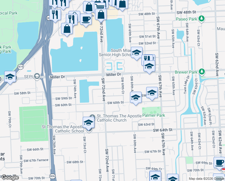 map of restaurants, bars, coffee shops, grocery stores, and more near 7000 Southwest 58th Street in Miami